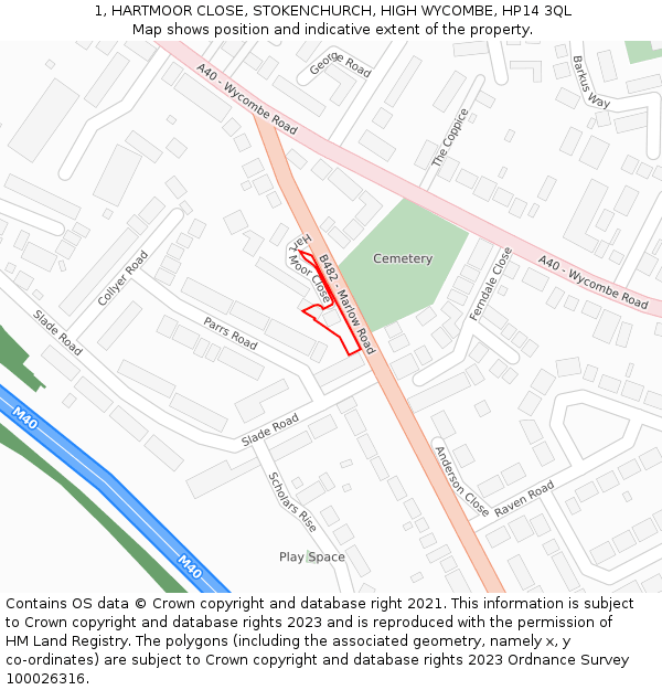 1, HARTMOOR CLOSE, STOKENCHURCH, HIGH WYCOMBE, HP14 3QL: Location map and indicative extent of plot