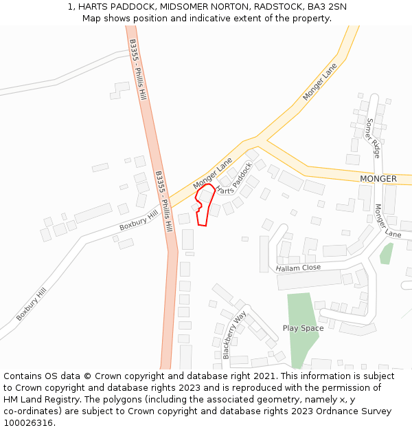 1, HARTS PADDOCK, MIDSOMER NORTON, RADSTOCK, BA3 2SN: Location map and indicative extent of plot