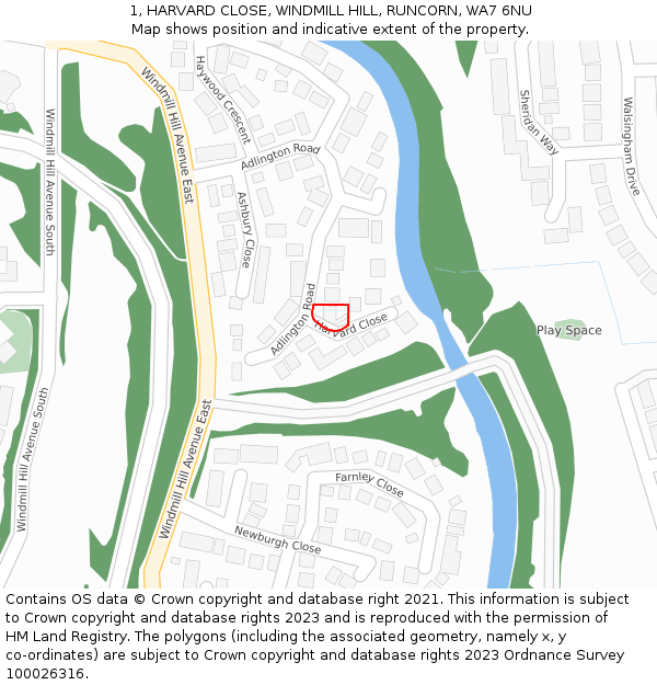 1, HARVARD CLOSE, WINDMILL HILL, RUNCORN, WA7 6NU: Location map and indicative extent of plot