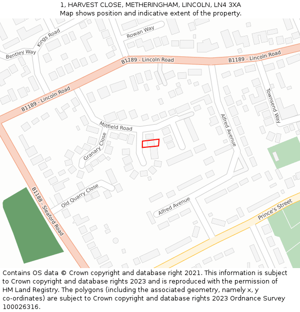 1, HARVEST CLOSE, METHERINGHAM, LINCOLN, LN4 3XA: Location map and indicative extent of plot