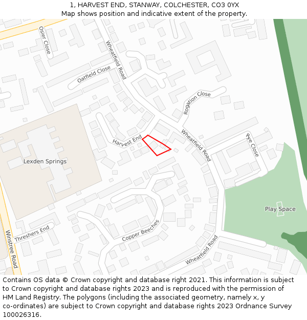 1, HARVEST END, STANWAY, COLCHESTER, CO3 0YX: Location map and indicative extent of plot