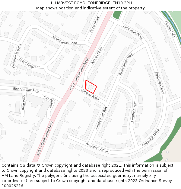 1, HARVEST ROAD, TONBRIDGE, TN10 3PH: Location map and indicative extent of plot