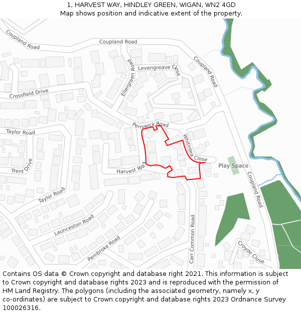 1, HARVEST WAY, HINDLEY GREEN, WIGAN, WN2 4GD: Location map and indicative extent of plot