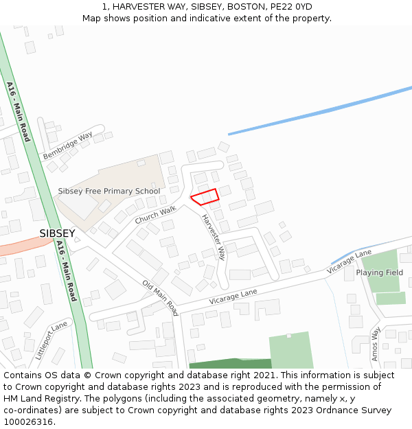 1, HARVESTER WAY, SIBSEY, BOSTON, PE22 0YD: Location map and indicative extent of plot