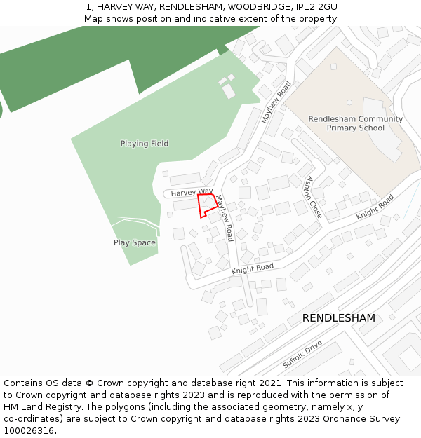 1, HARVEY WAY, RENDLESHAM, WOODBRIDGE, IP12 2GU: Location map and indicative extent of plot