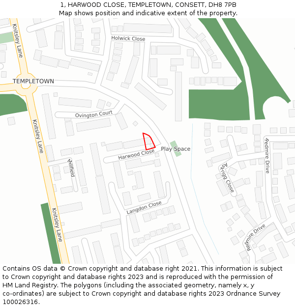 1, HARWOOD CLOSE, TEMPLETOWN, CONSETT, DH8 7PB: Location map and indicative extent of plot