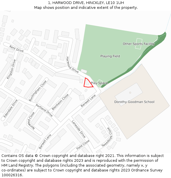 1, HARWOOD DRIVE, HINCKLEY, LE10 1UH: Location map and indicative extent of plot