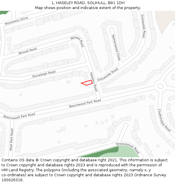 1, HASELEY ROAD, SOLIHULL, B91 1DH: Location map and indicative extent of plot