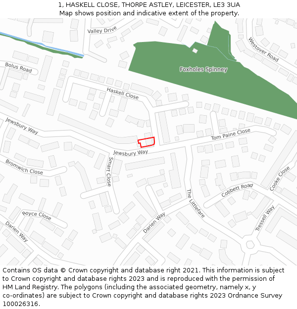 1, HASKELL CLOSE, THORPE ASTLEY, LEICESTER, LE3 3UA: Location map and indicative extent of plot