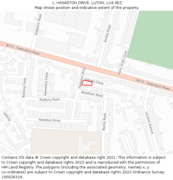 1, HASKETON DRIVE, LUTON, LU4 9EZ: Location map and indicative extent of plot