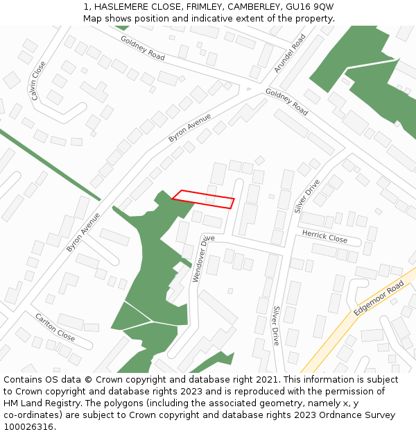 1, HASLEMERE CLOSE, FRIMLEY, CAMBERLEY, GU16 9QW: Location map and indicative extent of plot