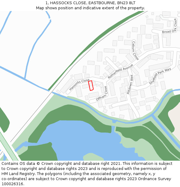 1, HASSOCKS CLOSE, EASTBOURNE, BN23 8LT: Location map and indicative extent of plot