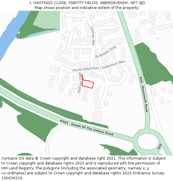 1, HASTINGS CLOSE, YSBYTTY FIELDS, ABERGAVENNY, NP7 9JD: Location map and indicative extent of plot
