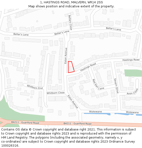 1, HASTINGS ROAD, MALVERN, WR14 2SS: Location map and indicative extent of plot