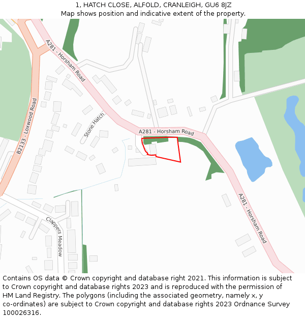 1, HATCH CLOSE, ALFOLD, CRANLEIGH, GU6 8JZ: Location map and indicative extent of plot