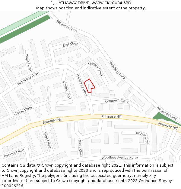 1, HATHAWAY DRIVE, WARWICK, CV34 5RD: Location map and indicative extent of plot