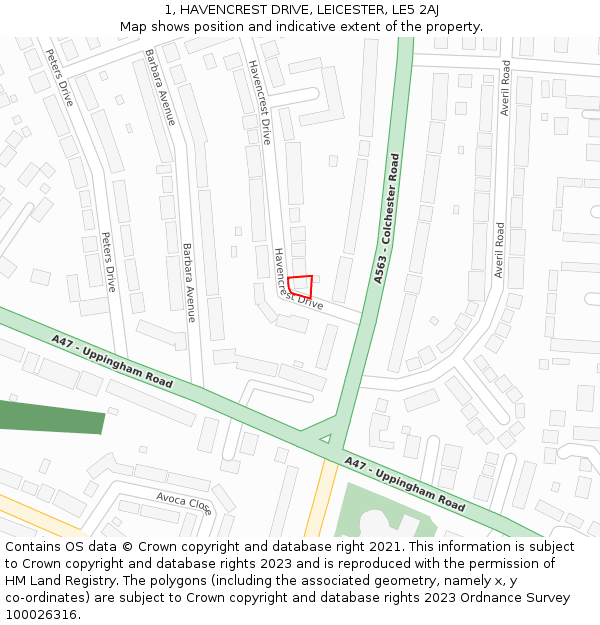 1, HAVENCREST DRIVE, LEICESTER, LE5 2AJ: Location map and indicative extent of plot