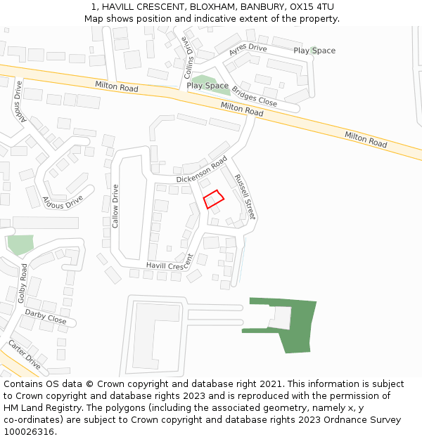 1, HAVILL CRESCENT, BLOXHAM, BANBURY, OX15 4TU: Location map and indicative extent of plot