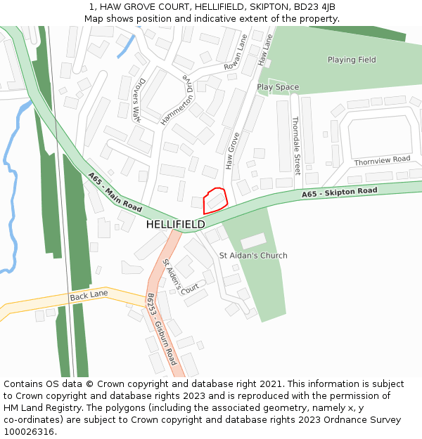 1, HAW GROVE COURT, HELLIFIELD, SKIPTON, BD23 4JB: Location map and indicative extent of plot