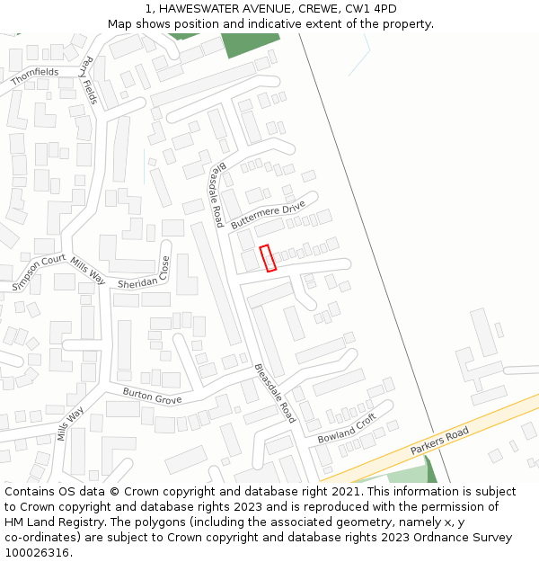 1, HAWESWATER AVENUE, CREWE, CW1 4PD: Location map and indicative extent of plot