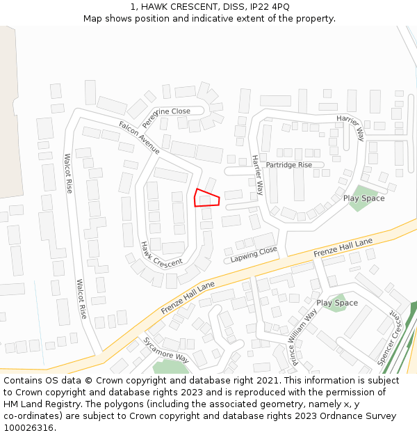 1, HAWK CRESCENT, DISS, IP22 4PQ: Location map and indicative extent of plot