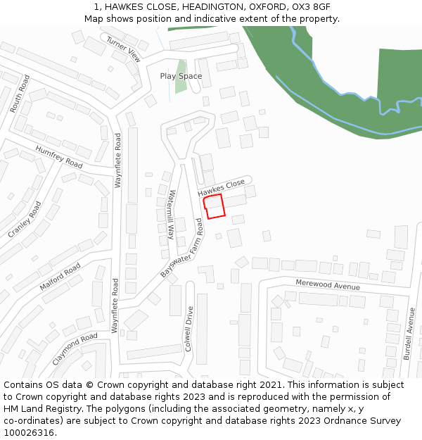 1, HAWKES CLOSE, HEADINGTON, OXFORD, OX3 8GF: Location map and indicative extent of plot