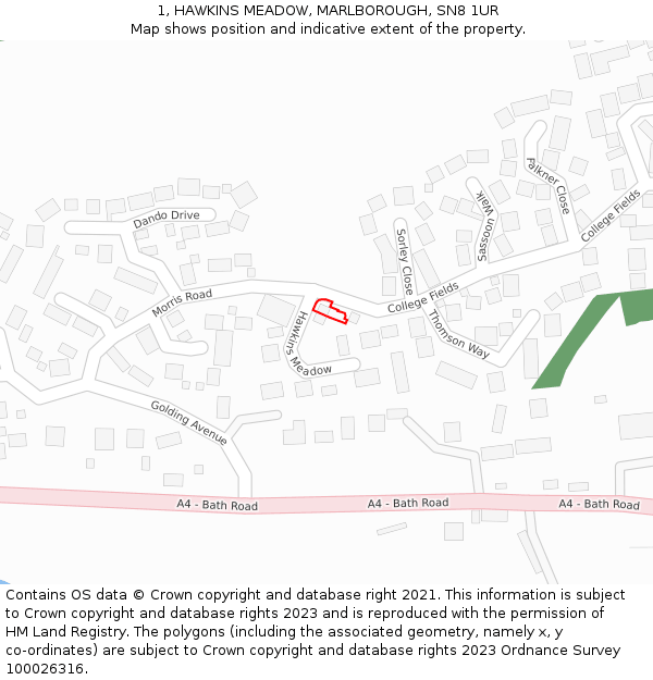 1, HAWKINS MEADOW, MARLBOROUGH, SN8 1UR: Location map and indicative extent of plot