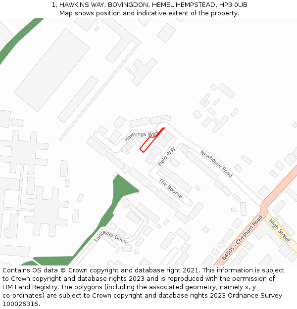 1, HAWKINS WAY, BOVINGDON, HEMEL HEMPSTEAD, HP3 0UB: Location map and indicative extent of plot