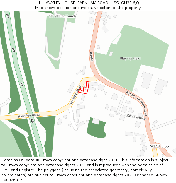 1, HAWKLEY HOUSE, FARNHAM ROAD, LISS, GU33 6JQ: Location map and indicative extent of plot