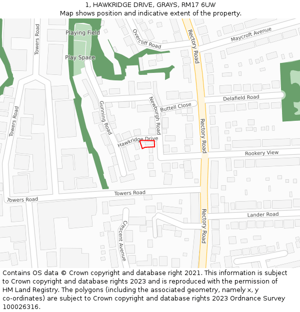 1, HAWKRIDGE DRIVE, GRAYS, RM17 6UW: Location map and indicative extent of plot