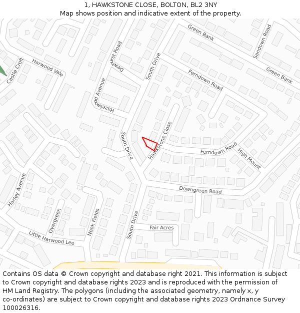 1, HAWKSTONE CLOSE, BOLTON, BL2 3NY: Location map and indicative extent of plot