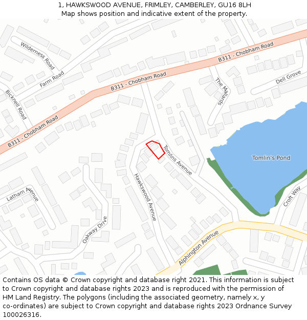 1, HAWKSWOOD AVENUE, FRIMLEY, CAMBERLEY, GU16 8LH: Location map and indicative extent of plot