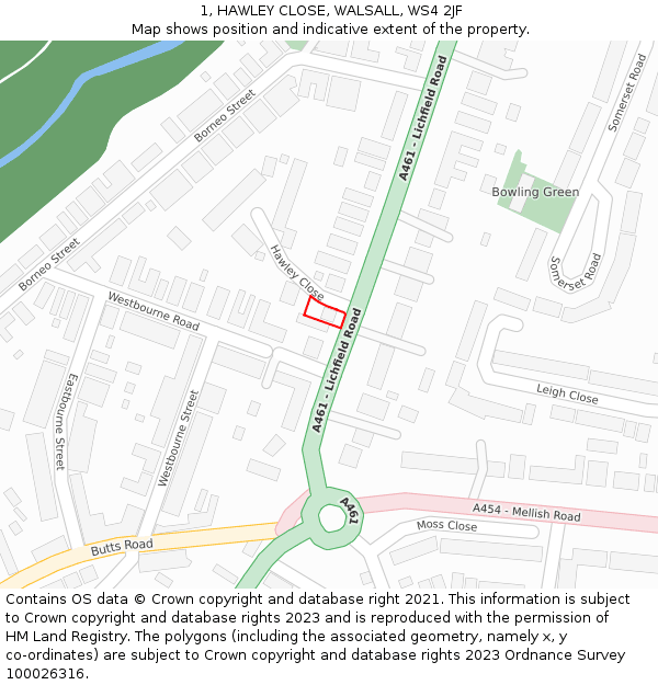 1, HAWLEY CLOSE, WALSALL, WS4 2JF: Location map and indicative extent of plot