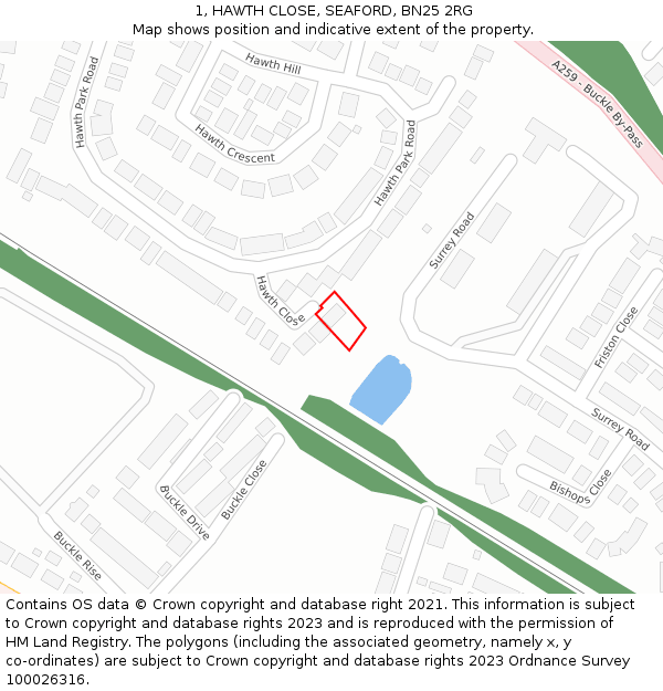 1, HAWTH CLOSE, SEAFORD, BN25 2RG: Location map and indicative extent of plot