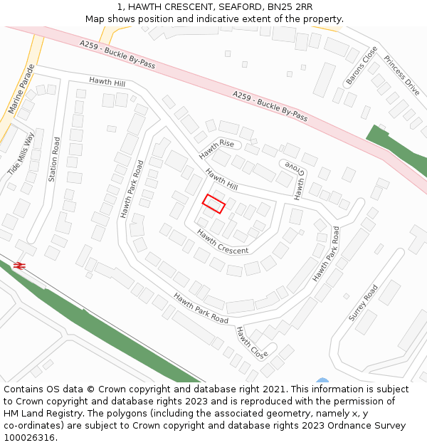 1, HAWTH CRESCENT, SEAFORD, BN25 2RR: Location map and indicative extent of plot