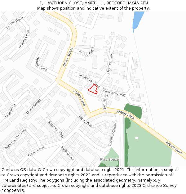 1, HAWTHORN CLOSE, AMPTHILL, BEDFORD, MK45 2TN: Location map and indicative extent of plot