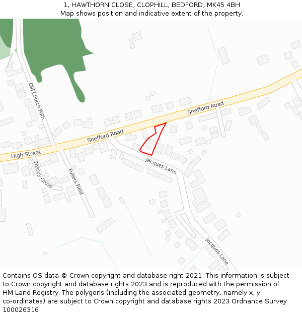 1, HAWTHORN CLOSE, CLOPHILL, BEDFORD, MK45 4BH: Location map and indicative extent of plot