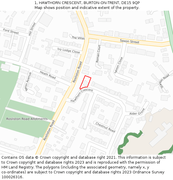 1, HAWTHORN CRESCENT, BURTON-ON-TRENT, DE15 9QP: Location map and indicative extent of plot