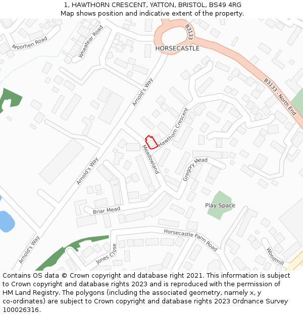 1, HAWTHORN CRESCENT, YATTON, BRISTOL, BS49 4RG: Location map and indicative extent of plot
