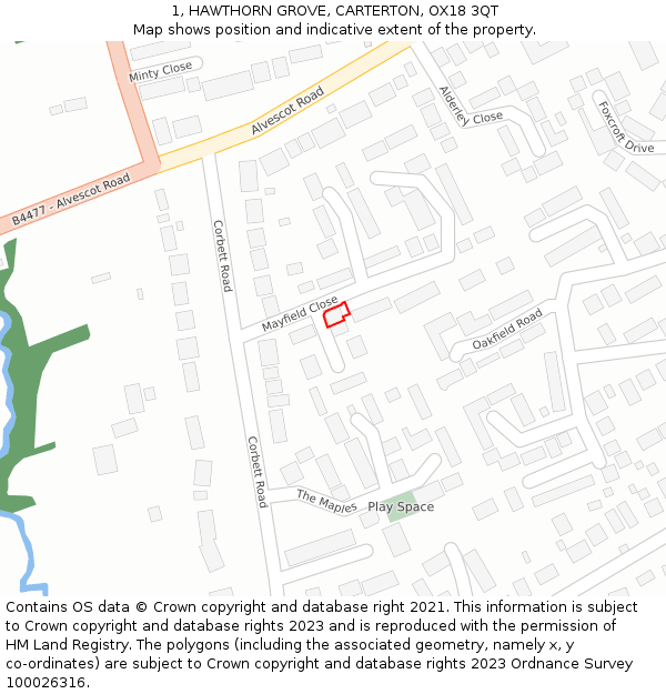 1, HAWTHORN GROVE, CARTERTON, OX18 3QT: Location map and indicative extent of plot