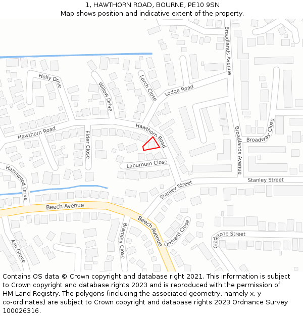 1, HAWTHORN ROAD, BOURNE, PE10 9SN: Location map and indicative extent of plot