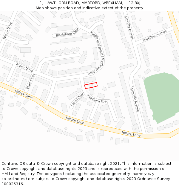 1, HAWTHORN ROAD, MARFORD, WREXHAM, LL12 8XJ: Location map and indicative extent of plot