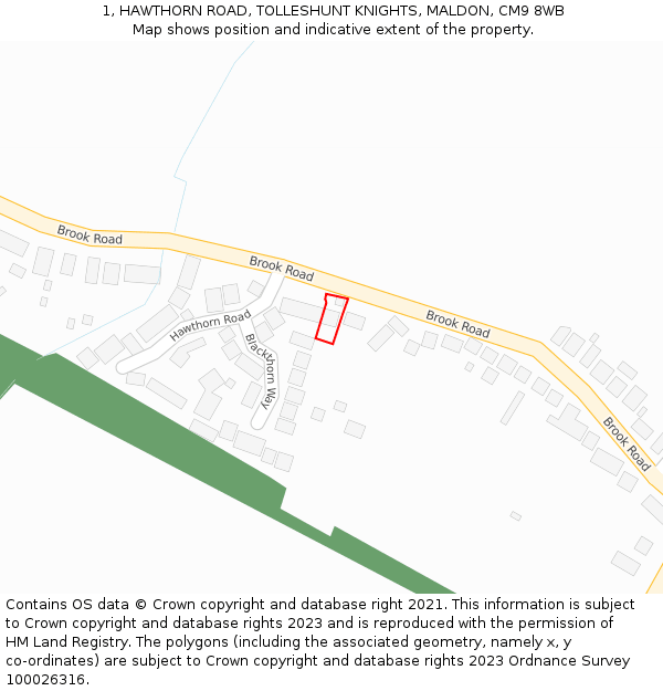 1, HAWTHORN ROAD, TOLLESHUNT KNIGHTS, MALDON, CM9 8WB: Location map and indicative extent of plot