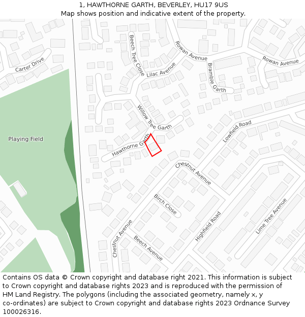 1, HAWTHORNE GARTH, BEVERLEY, HU17 9US: Location map and indicative extent of plot