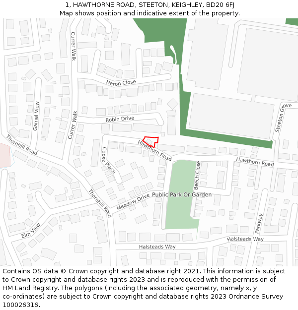 1, HAWTHORNE ROAD, STEETON, KEIGHLEY, BD20 6FJ: Location map and indicative extent of plot