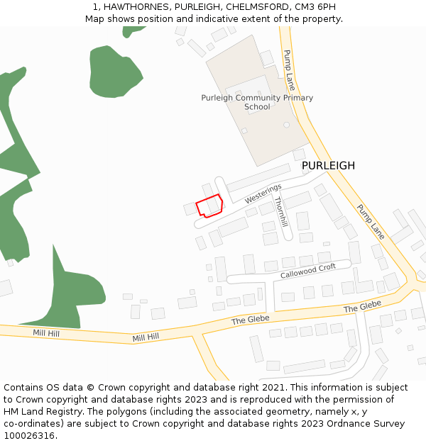 1, HAWTHORNES, PURLEIGH, CHELMSFORD, CM3 6PH: Location map and indicative extent of plot