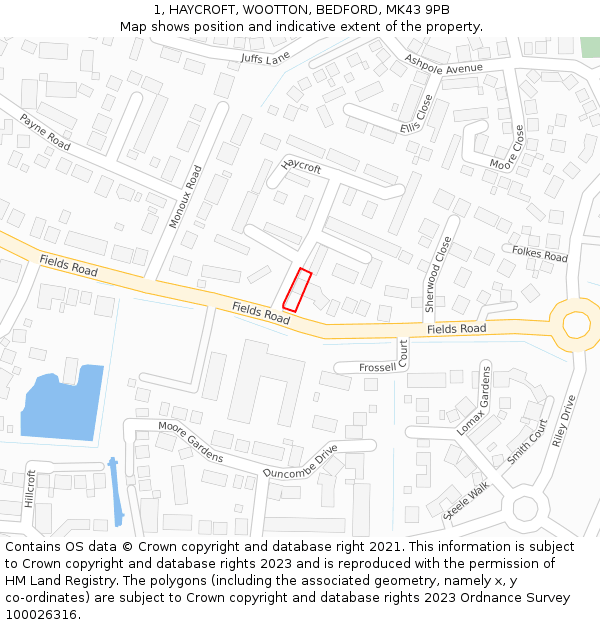 1, HAYCROFT, WOOTTON, BEDFORD, MK43 9PB: Location map and indicative extent of plot