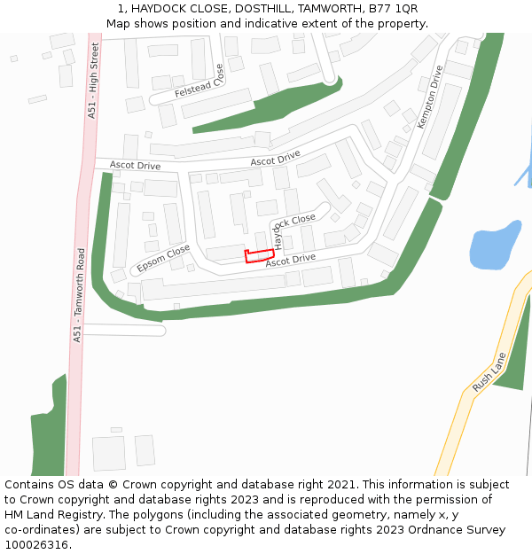 1, HAYDOCK CLOSE, DOSTHILL, TAMWORTH, B77 1QR: Location map and indicative extent of plot