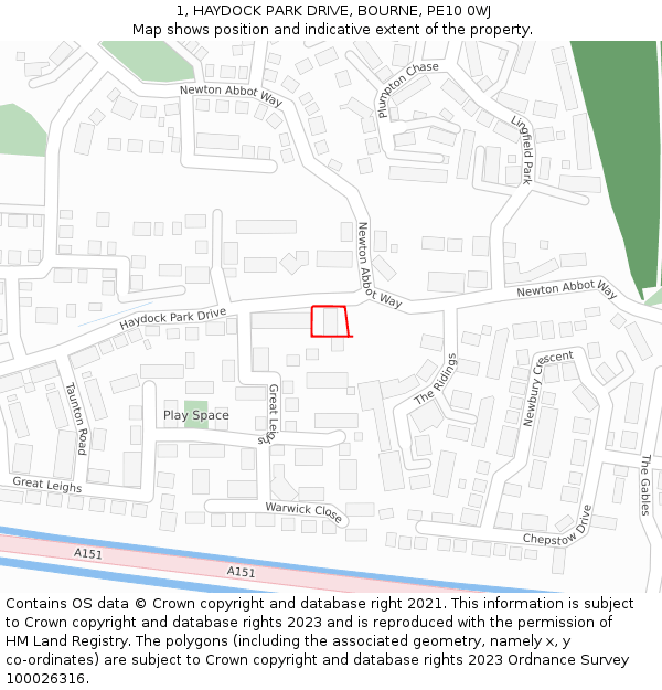 1, HAYDOCK PARK DRIVE, BOURNE, PE10 0WJ: Location map and indicative extent of plot