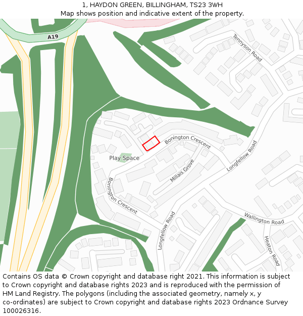 1, HAYDON GREEN, BILLINGHAM, TS23 3WH: Location map and indicative extent of plot